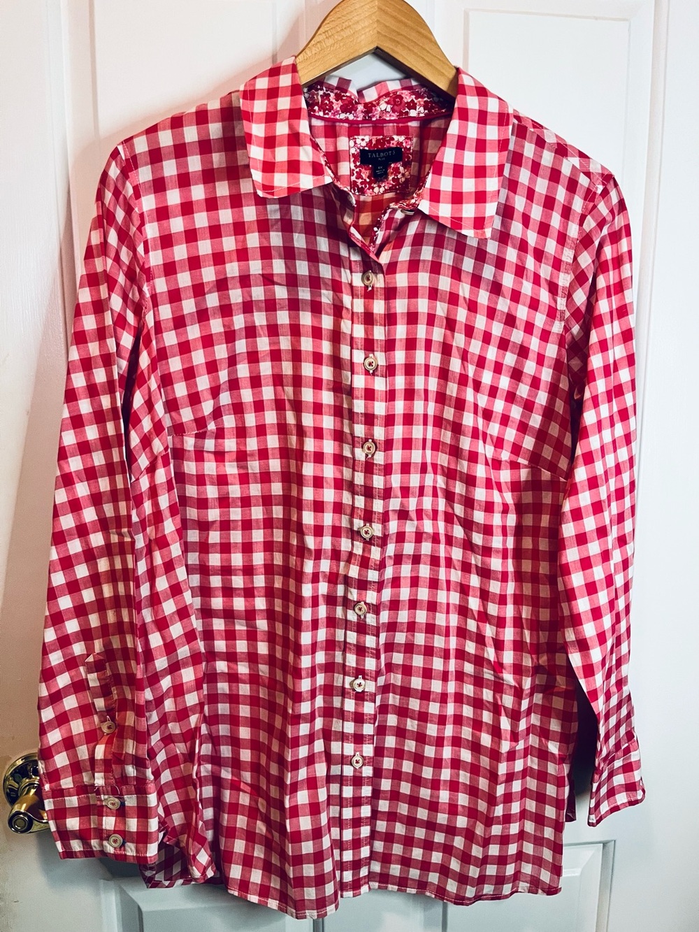 Talbots Women’s Pink and White Cotton Long Sleeve Gingham Button Up Top Sz 1X